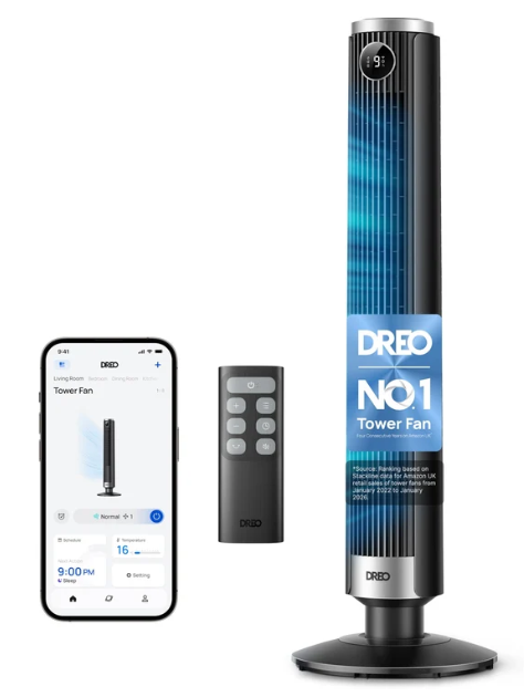 DREO Smart 40"-45" Tower Fan for Bedroom, Adjustable Height, 28 ft/s Velocity, DC Motor, 9 Speeds, 4 Modes, 90°Oscillating, Standing Fan
